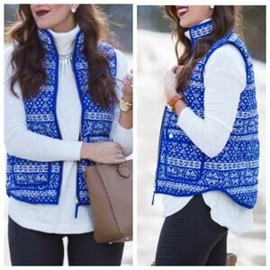 J. Crew Blue Fair Isle Quilted Printed Down Puffer Vest